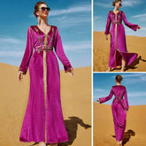 Fashion Luxury Evening Party Gown Velevet Diamond Long Sleeve V Collar Dress With Sashes Autumn Winter Saudi Women Robe
